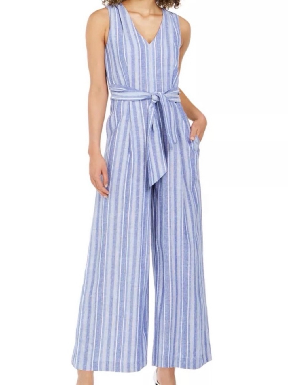 Calvin Klein Light Blue White Striped Sleeveless Linen Jumpsuit with Tie Waist
